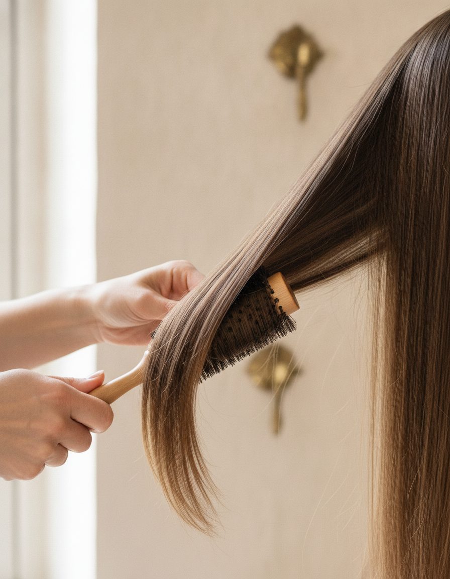 Stylist's hands brushing a smooth lock of hair in bright daylight