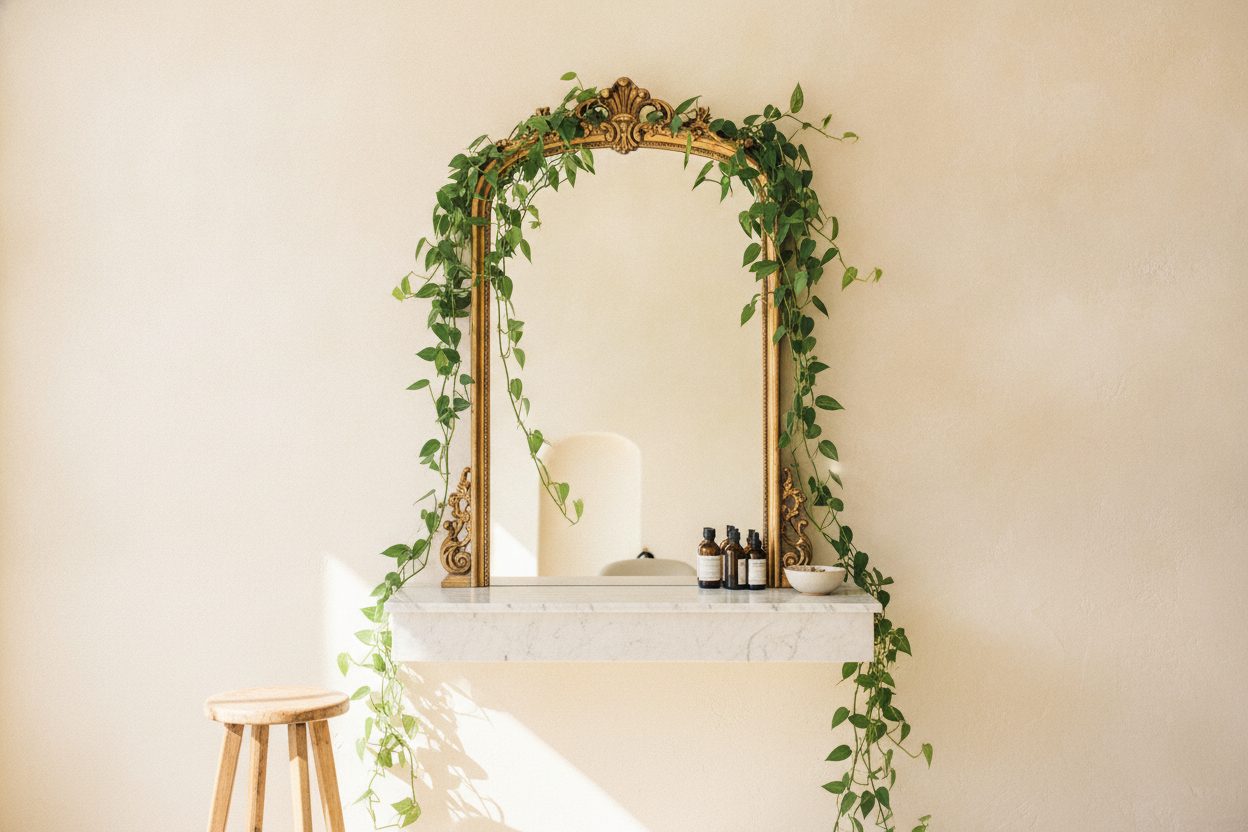 A bright styling station with a tall vintage mirror and green plants