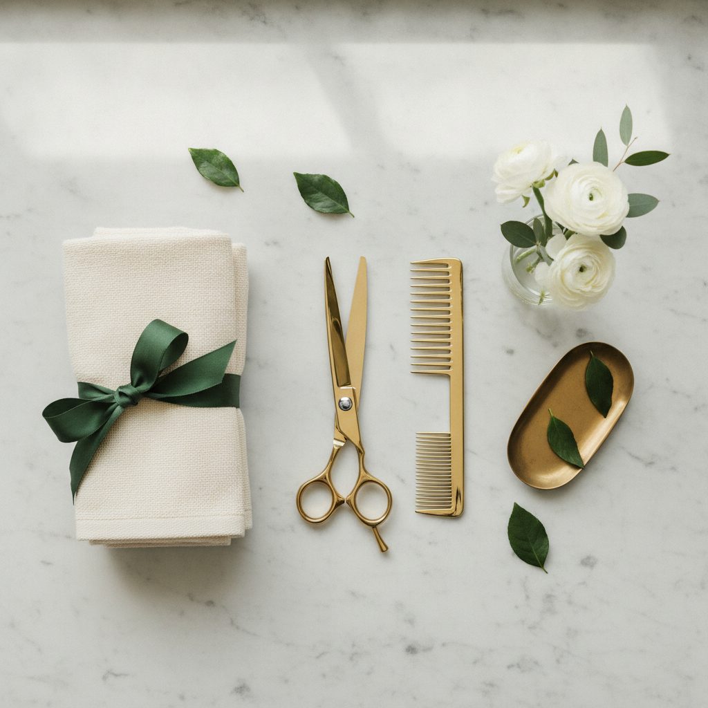 Brass shears, a comb, folded linen, and white flowers on a marble vanity