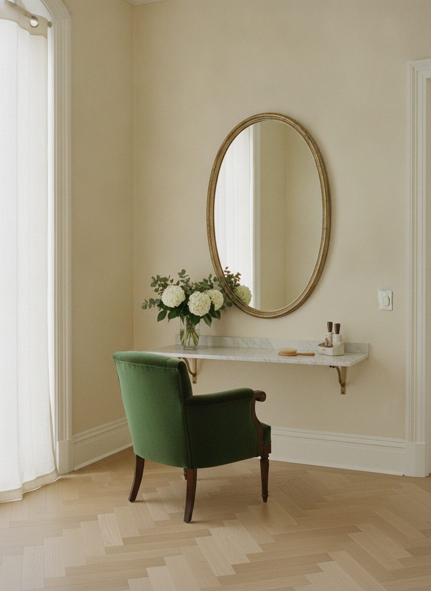 Salon corner styled like a parlor with a brass-framed mirror and flowers